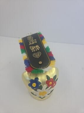 Vintage Swiss Cowbell w/ Edelweiss Floral Strap Decorative Alpine Bell